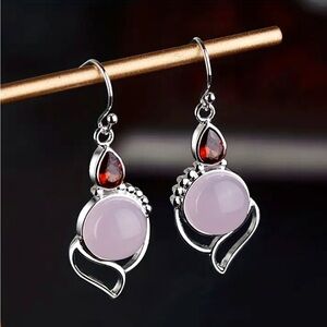 NEW Pink Rose Quartz Silver Swirl Drop Earrings